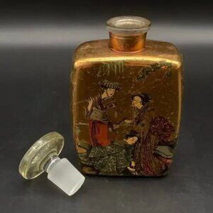 Vintage 1940’s Bottle w/ Gold Enameled Japanese Geishas Scene Top Dauber